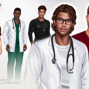 K&ouml;nnte beinhalten: F&uuml;nf Illustrationen von m&auml;nnlichen Krankenschwestern, die verschiedene farbige Scrubs tragen. Die Krankenschwestern tragen wei&szlig;e Kittel, braune, gr&uuml;ne, schwarze und rote Scrubs. Ein Krankenpfleger tr&auml;gt eine Gesichtsmaske. Die Krankenschwestern schauen alle in die Kamera.