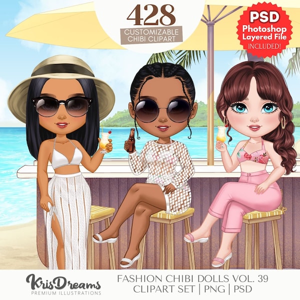 Best Friends on a Beach with Cocktails Clipart | Girls Trip with Customizable Hair and Fashion | Chibi Summer Ladies on Swimsuits png psd
