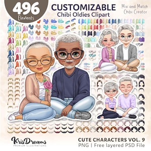 Customizable Chibi Grandparents Clipart Bundle PNG | Senior Couple Character Creator PSD | Old People Illustration Digital Download DIY Set