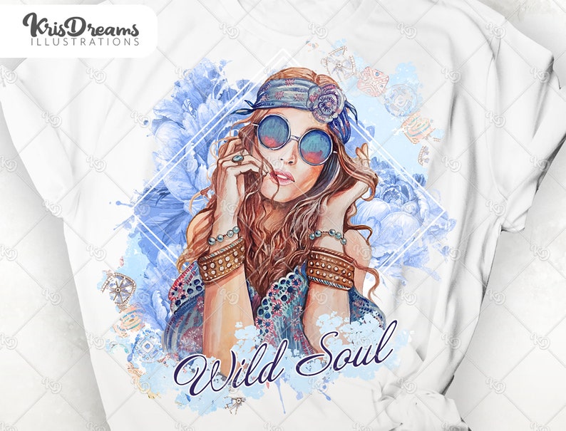 May include: A watercolor illustration of a woman with long brown hair wearing a headband, sunglasses, and jewelry. She is surrounded by blue flowers and the text "Wild Soul".