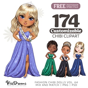 Prom Girls Customizable Png | Chibi Best Friends Cocktail Dresses and Gowns Clipart | Cartoon Teens Night Out | Customizable Hair and Outfit