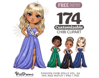 Prom Girls Customizable Png | Chibi Best Friends Cocktail Dresses and Gowns Clipart | Cartoon Teens Night Out | Customizable Hair and Outfit