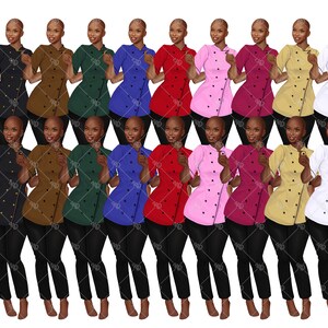May include: A collection of chef coats in various colors, including gray, black, brown, green, blue, red, pink, burgundy, yellow, and white. Each coat features short sleeves, black buttons, and is paired with black pants. The image showcases a variety of culinary apparel.