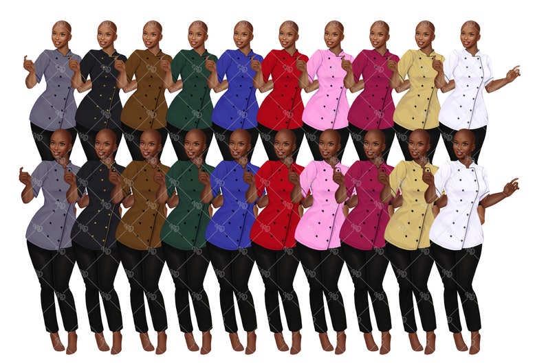 May include: A collection of chef coats in various colors, including gray, black, brown, green, blue, red, pink, burgundy, yellow, and white. Each coat features short sleeves, black buttons, and is paired with black pants. The image showcases a variety of culinary apparel.