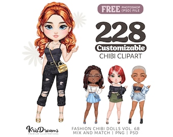 Chibi Fashion Girls Customizable Clipart: Cartoon Woman Street style Outfits, PSD and PNG Bundle | Mix and Match Digital Doll