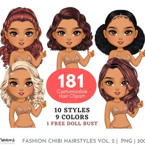 Chibi Hair Add-on, Hair PNG Bundle, Customizable Clipart, Afro Hair, Curly, Front, Back Hair, Digital Planner Stickers, Sublimation Design