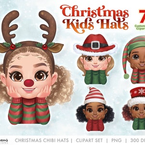 Clipart de sombreros navideños, niños chibi png, diseño personalizable para niños y niñas en PSD y png