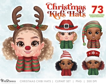 Christmas Hats Clipart, Chibi Children png, Kids Boys and Girls Customizable Design in PSD and png