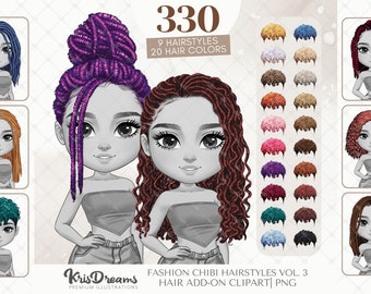 Chibi Hairstyles Add-on, Hair PNG Bundle, Afro Hair, Curly, Front, Back Hair, Digital Planner Stickers, Sublimation Design