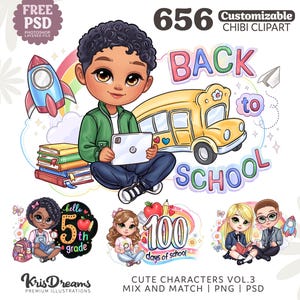 Chibi School Girl & Boy Character Creator - Customizable Dress-Up Clipart Set with Premade School Graphics | Back to School PSD PNG