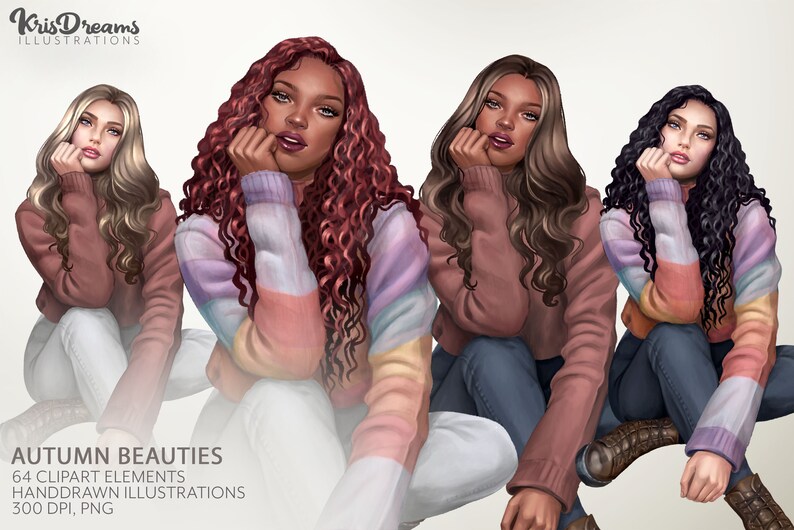 K&ouml;nnte beinhalten: Vier digitale Illustrationen von Frauen mit lockigem Haar, die Pullover und Jeans tragen. Die Frauen sitzen mit dem Kinn auf der Hand. Die Pullover sind in verschiedenen Farben, darunter rosa, lila und blau. Der Hintergrund ist hellgrau.