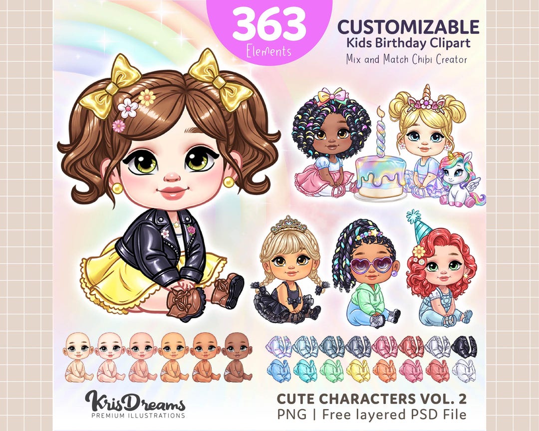 Chibi Birthday Clipart – Customizable Kids Party Characters | Mix ... image.