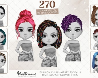 Chibi Hair Add-on | Hairstyle PNG Clipart Bundle | Afro Hair, Curly, Braids, Natural, Locs | Digital Planner Stickers, Sublimation Design