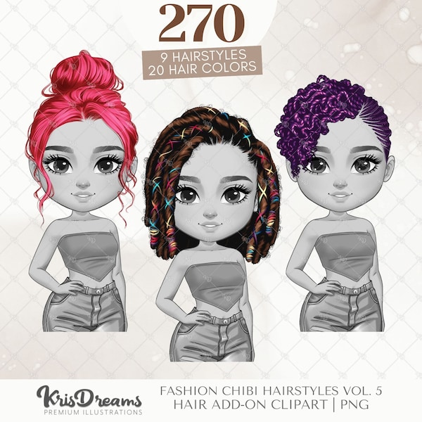 Chibi Hair Add-on | Hairstyle PNG Clipart Bundle | Afro Hair, Curly, Braids, Natural, Locs | Digital Planner Stickers, Sublimation Design