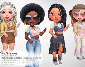 Customizable Chibi Clipart | Retro Black Girl Fashion | Groovy Tie Dye | Sublimation/HTV | Boho Coachella | Planner Sticker Icons
