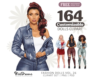 Black Girl Wearing Denim Jacket and Jeans Pants Clipart, Customizable Skin Color, Outfit and Hair Png Digital Download for Commercial Use