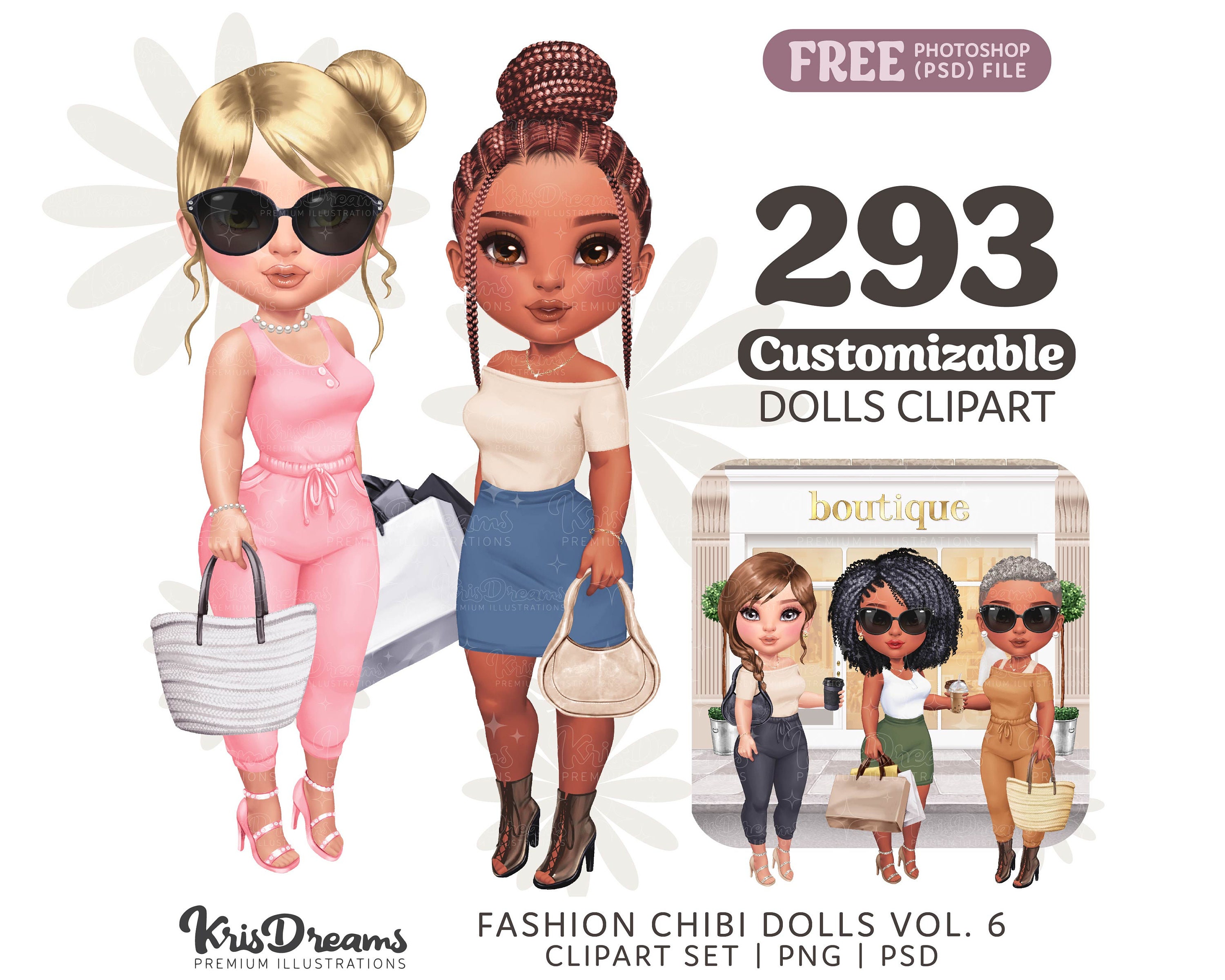 Shopping Chibi Clipart, Best Friends Drinking PNG, Fashion Girls Clipart, Customizable Clipart, Soul Sisters PNG, Besties Coffee Boba Tea