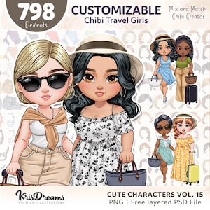Chibi Customizable Character Creator Kit Curvy Girl PSD PNG Cute Ladies Travel Beach | DIY Clipart Portrait Builder for Gifts and Shirts