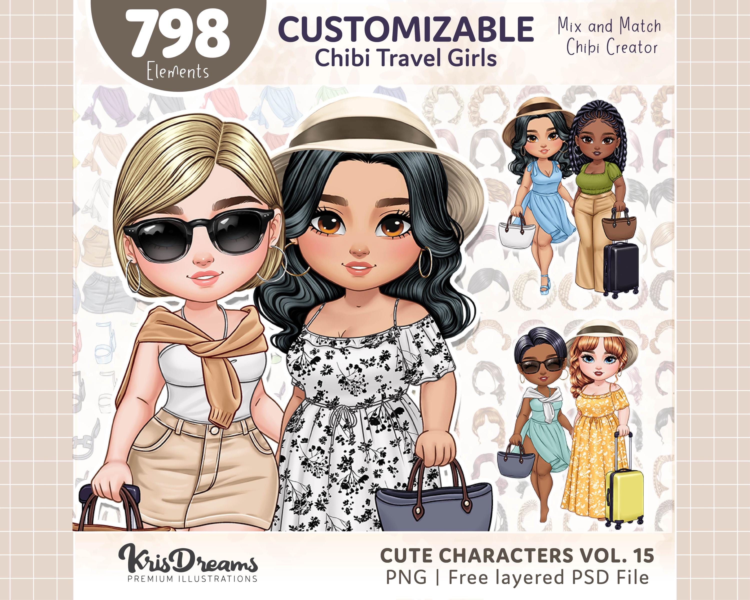 Customizable Curvy Girl Clipart Kit – Travel Beach Character Creator PNG PSD | Chibi DIY Portrait Builder for Sublimation & Gifts