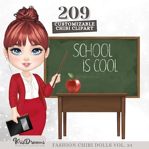 Chibi Cute Teacher Clipart, Teacher Clipart PNG, Back to School Clipart, Chibi Best Friends, Fashion Girl Clipart, Office Clipart, Girl Boss