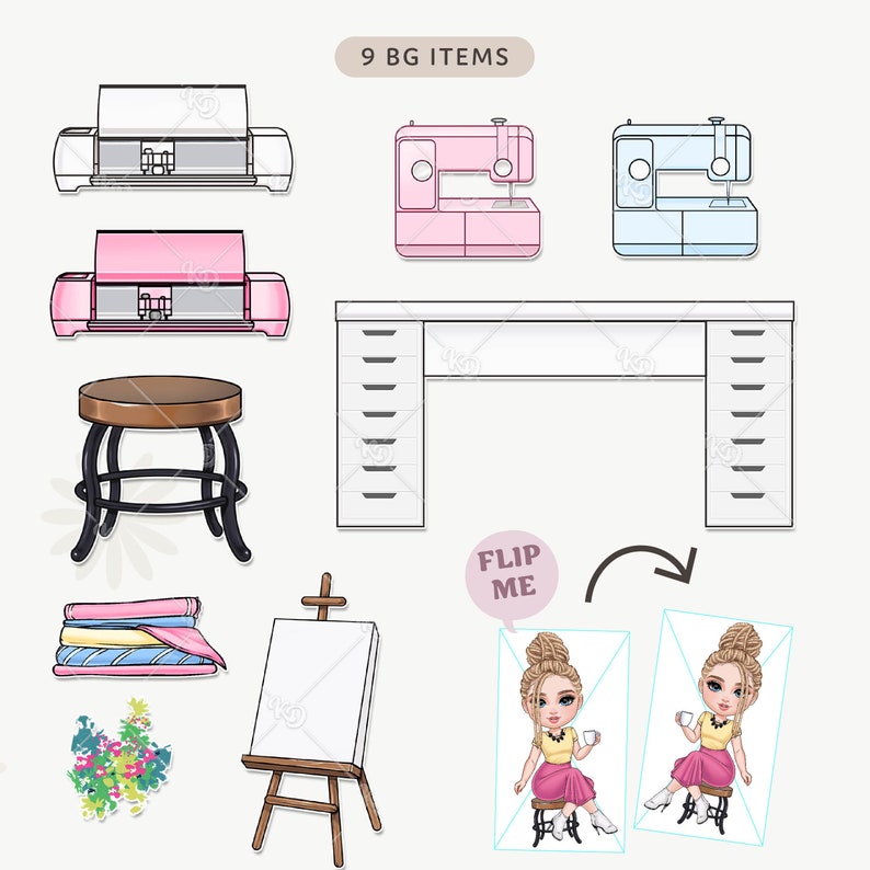 Cartoon Crafter Customizable Clipart: Chibi Woman Arts and Crafts, Sewing, Small Business PNG Bundle | Mix and Match Digital Doll image 5