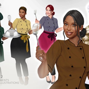 May include: Digital illustration of five female chefs in various uniforms, holding kitchen tools and serving dishes. The image includes text that reads "MISS CHEF 2" and details about the clipart elements.