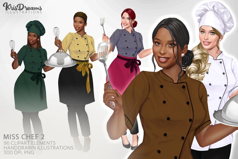 May include: Digital illustration of five female chefs in various uniforms, holding kitchen tools and serving dishes. The image includes text that reads "MISS CHEF 2" and details about the clipart elements.