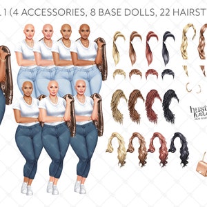 May include: A digital illustration of a bald woman wearing a white t-shirt, blue jeans, and a brown leather jacket. The image includes 8 different base dolls, 22 hairstyles, and 4 accessories. The text "hustle hard" and "just a girl with goals" are also included in the image.