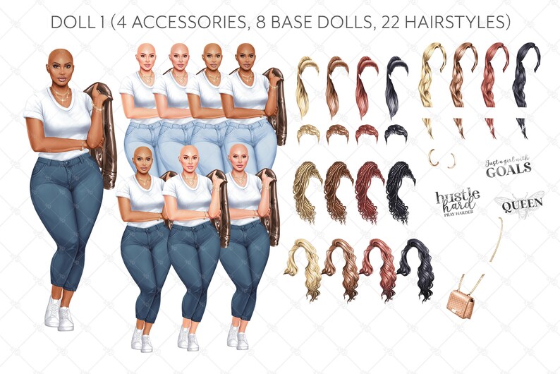 May include: A digital illustration of a bald woman wearing a white t-shirt, blue jeans, and a brown leather jacket. The image includes 8 different base dolls, 22 hairstyles, and 4 accessories. The text "hustle hard" and "just a girl with goals" are also included in the image.