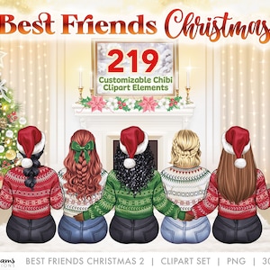 Best Friends Clipart, Best Friends Sitting, Christmas Best friends, Soul Sisters Clip art, Customizable Clipart PNG, Sublimation Designs