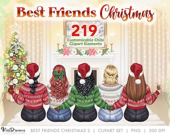 Best Friends Clipart, Best Friends Sitting, Christmas Best friends, Soul Sisters Clip art, Customizable Clipart PNG, Sublimation Designs