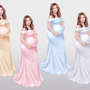 Peut inclure: Trois femmes enceintes portant des robes &agrave; &eacute;paules d&eacute;nud&eacute;es, l'une en robe jaune clair, l'autre en robe rose clair et la derni&egrave;re en robe bleu clair.
