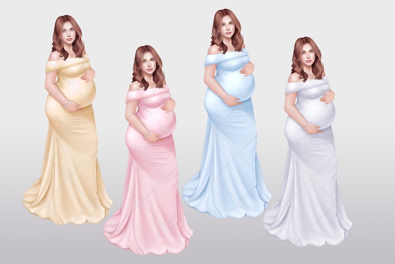 Peut inclure: Trois femmes enceintes portant des robes &agrave; &eacute;paules d&eacute;nud&eacute;es, l'une en robe jaune clair, l'autre en robe rose clair et la derni&egrave;re en robe bleu clair.