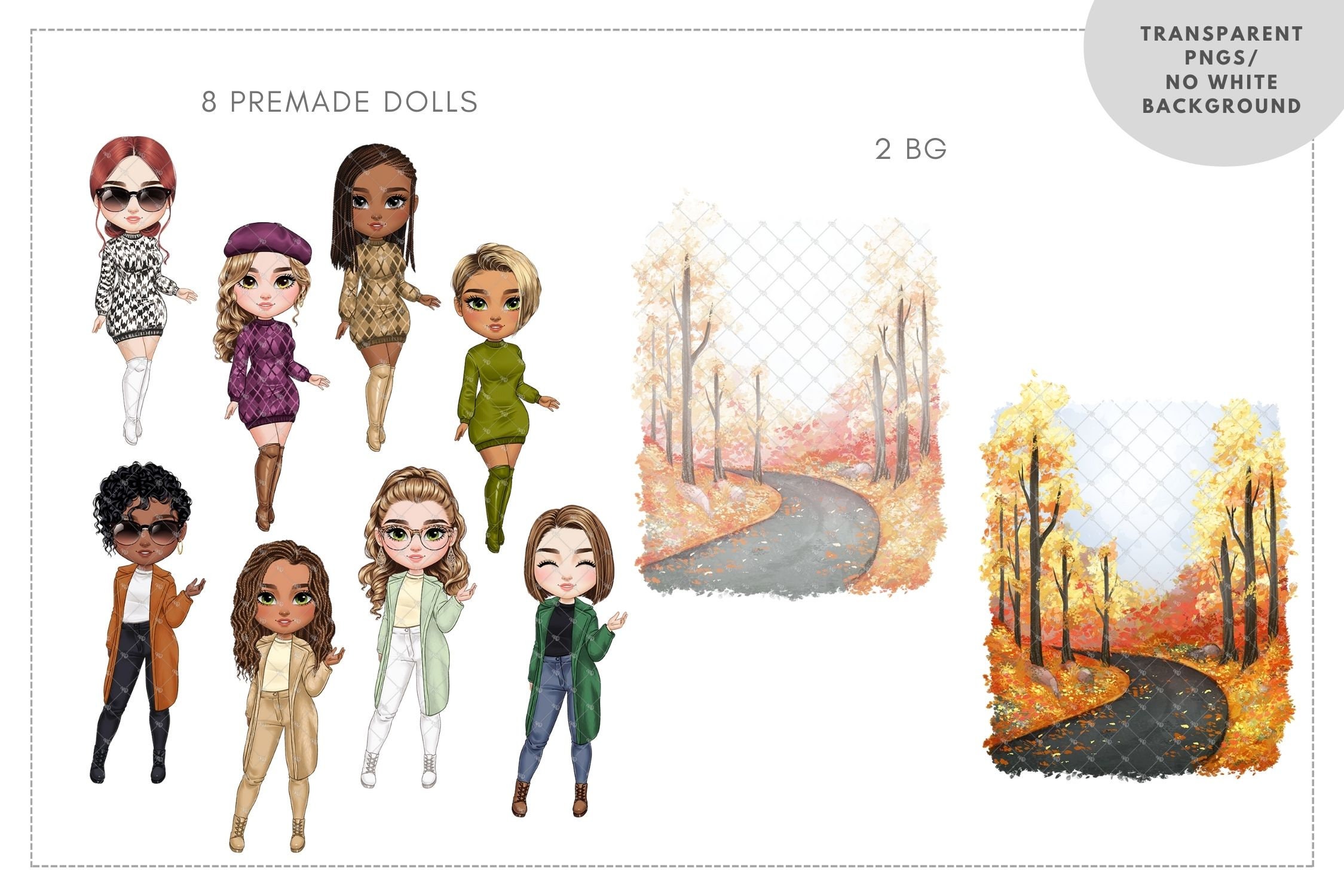 Cozy Autumn Chibi Clipart, Fall Fashion Best Friends Customizable Pngs ...