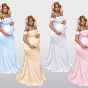 Peut inclure: Trois femmes enceintes portant des robes &agrave; &eacute;paules d&eacute;nud&eacute;es. Les robes sont bleu clair, beige et rose.