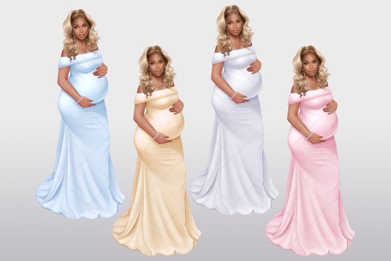 Peut inclure: Trois femmes enceintes portant des robes &agrave; &eacute;paules d&eacute;nud&eacute;es. Les robes sont bleu clair, beige et rose.