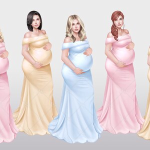 Peut inclure: Cinq personnes enceintes portant des robes &agrave; &eacute;paules d&eacute;nud&eacute;es, debout en rang. Les robes sont dans des tons de rose, bleu et jaune.
