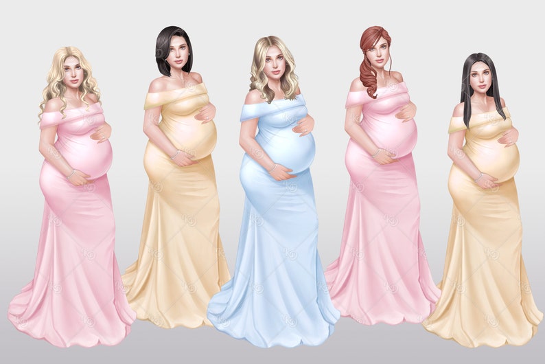 Peut inclure: Cinq personnes enceintes portant des robes &agrave; &eacute;paules d&eacute;nud&eacute;es, debout en rang. Les robes sont dans des tons de rose, bleu et jaune.
