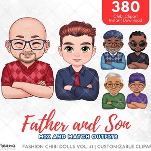 Chibi Style Father and Son Clipart Set for a Unique Father&#39;s Day Gift, Mix and Match Customizable Chibi, Png File for Sublimation
