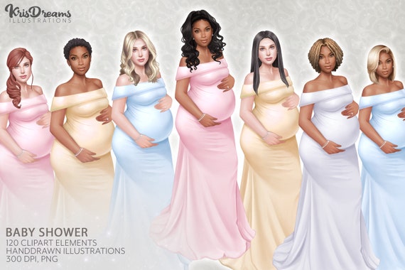 Baby Shower Clipart, Pregnant Clipart, Maternity Clipart, Pregnancy Clipart, Black Woman Clipart, Dark Skin Clipart, Pregnant Fashion
