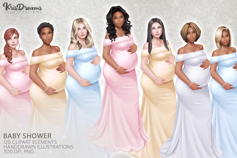 Peut inclure: Sept femmes enceintes portant des robes &agrave; &eacute;paules d&eacute;nud&eacute;es, chacune dans une couleur diff&eacute;rente&nbsp;: rose, jaune, bleu clair, rose clair, cr&egrave;me, blanc et bleu. Les femmes sourient toutes et se tiennent le ventre. Le texte "BABY SHOWER" est en bas de l'image.