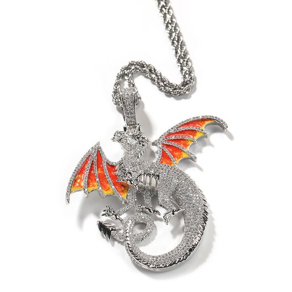 Iced Out Mythical Majestic Flying Dragon Pendant Necklace Jewelry