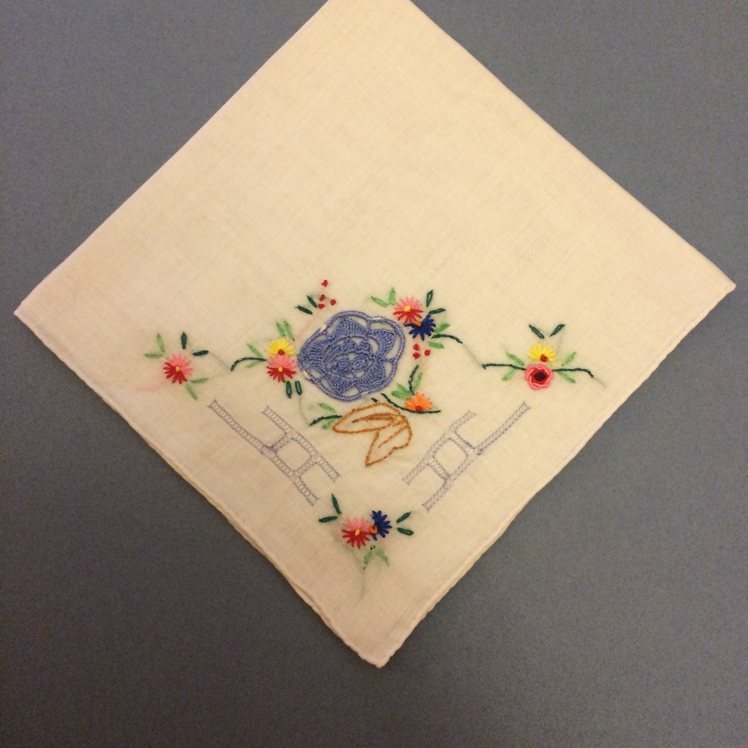 Oriental Style Flower Embroidered Handkerchief // Blue Flower Handkerchiefs // Embroidered