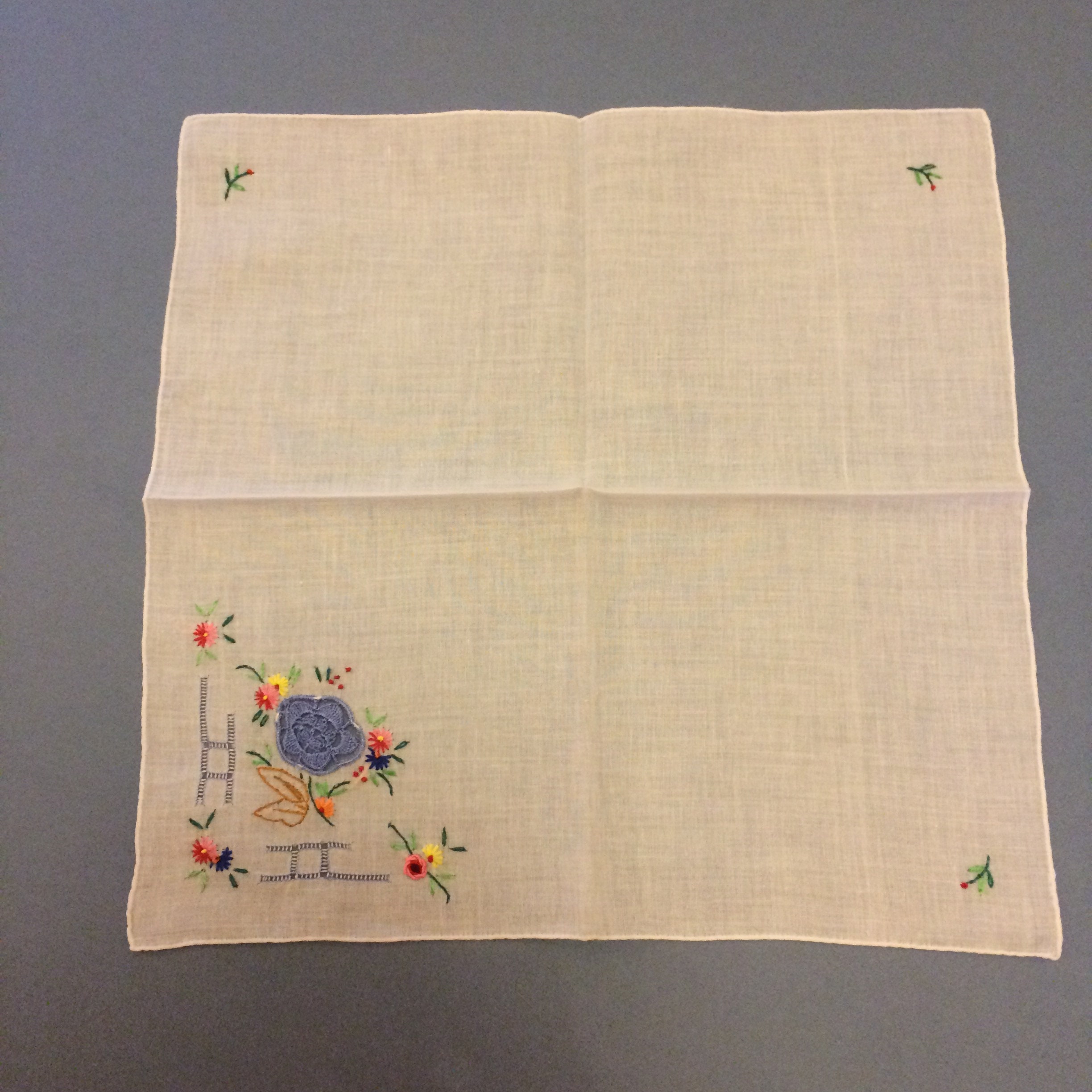 Oriental Style Flower Embroidered Handkerchief // Blue Flower Handkerchiefs // Embroidered