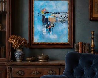 Original abstract collage in blue on canvas in an antique frame, abstract wall art