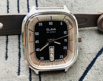 Verzamelhorloge SLAVA FRIDGE handmatige opwinding 2 MChZ gemaakt in de Sovjet-Unie/herenpolshorloge Слава 26 juwelen kalenderframe gemaakt in de USSR/uhr