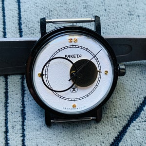 Men&#39;s Wrist Watch RAKETA Kopernik 2609 State Mark of Quality made in USSR/Collectible watch ROCKET Copernicus Solar System black chrome case