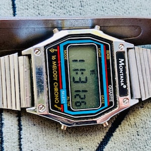 Vintage Watch MONTANA Quartz USA 16 melody chrono backlight + calendar function/Men&#39;s Wrist Watch Montana digital LCD dial + sts bracelet