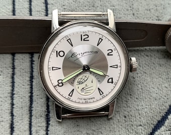 Reloj POBEDA Sputnik vintage, esfera plateada, Unión Soviética (URSS), 15 rubíes.