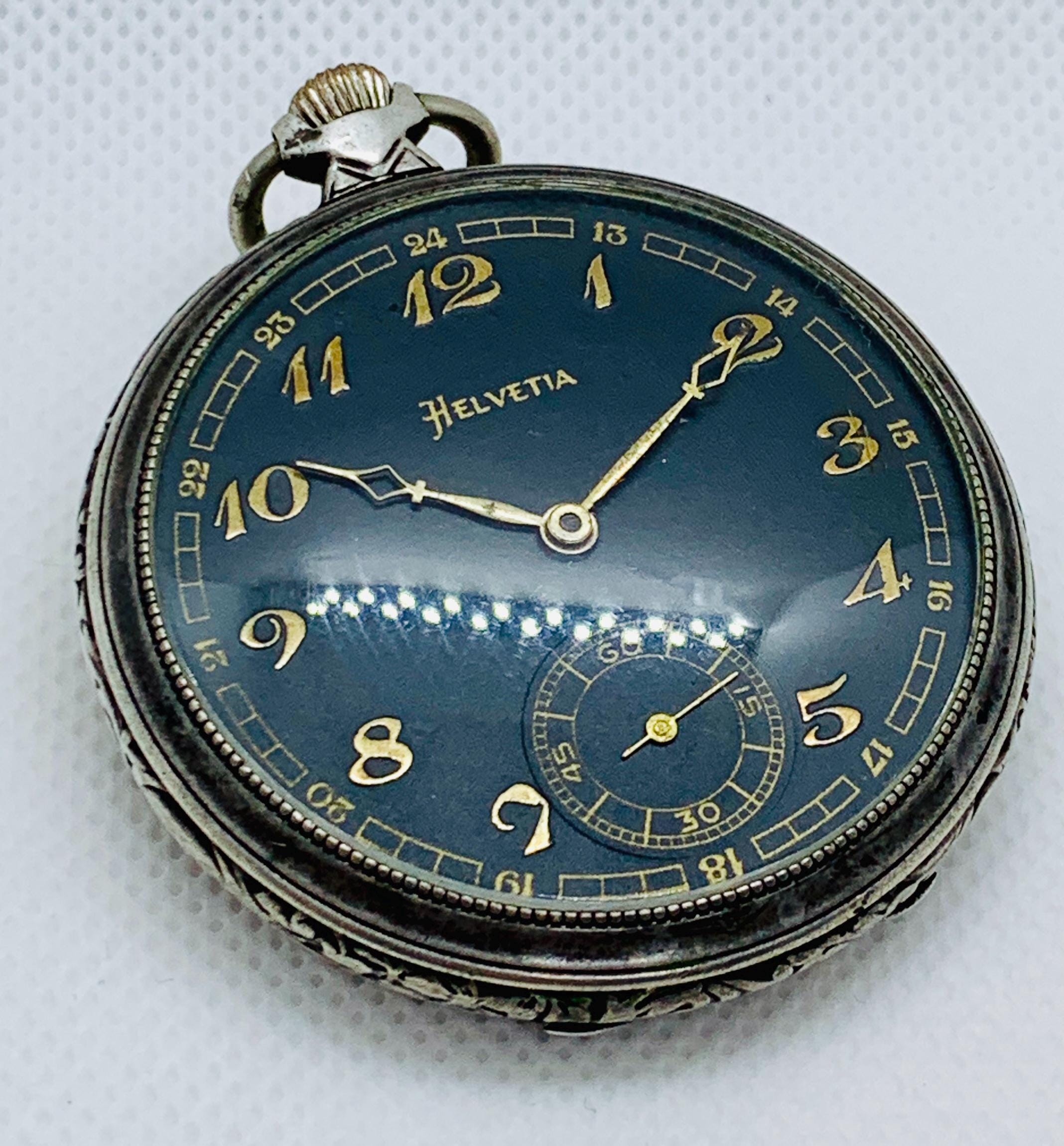 Helvetia Military Style Pocket Watch: Antique Arabic Dial, Swiss